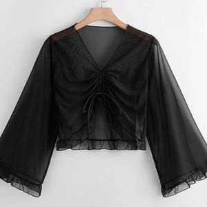 Plus mesh ruffle ruched knot cover-up top 1X SHEIN